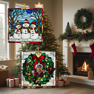 Adorno De Cerámica Snowman Family Faux Sained Glass