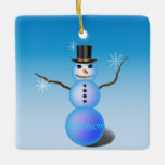 Adorno De Cerámica Snowman Ornament<br><div class="desc">Hombre de nieve con sombrero de punta. Brazos,  botones y copos de nieve.</div>