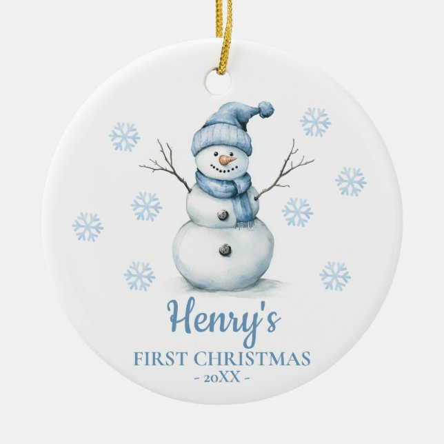 Adorno De Cerámica Snowman Personalized Baby's First Christmas (Frente)