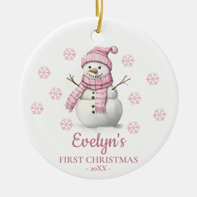 Adorno De Cerámica Snowman Personalized Girl's First Christmas (Frente)