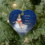 Adorno De Cerámica Snowman y terrier<br><div class="desc">Un dulce muñeco de nieve y un perro aterrador deseándote una Feliz Navidad en una noche nevada.</div>
