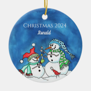 Adorno De Cerámica Snowmen asando marshmellows personal ornamen
