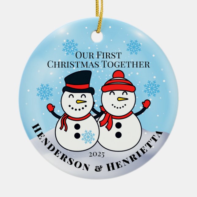 Adorno De Cerámica Snowmen en primera Navidad juntos (Frente)
