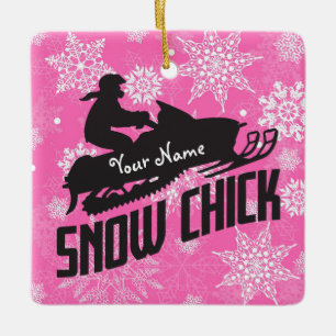 Adorno De Cerámica Snowmobile Chick Snow Pink Snowflake