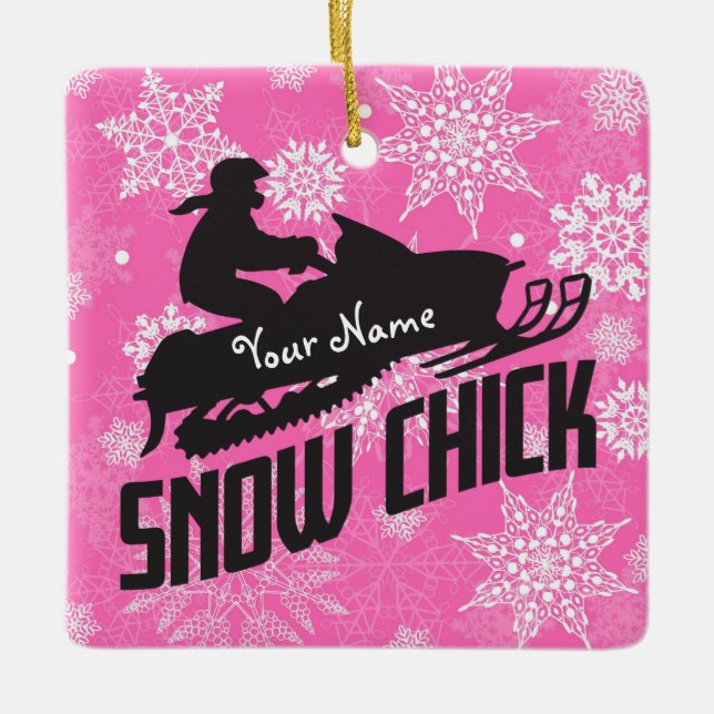 Adorno De Cerámica Snowmobile Chick Snow Pink Snowflake (Anverso)