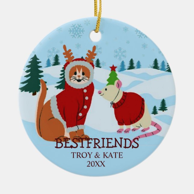 Adorno De Cerámica Snowy Christmas Friends – Cat and Rat Holiday  (Frente)