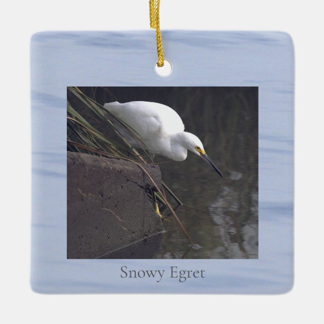 Adorno De Cerámica Snowy Egret Bird Photo Ornament  (Anverso)