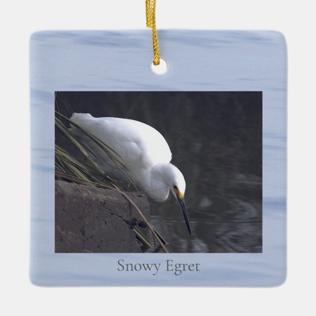 Adorno De Cerámica Snowy Egret Bird Photo Ornament  (Anverso)