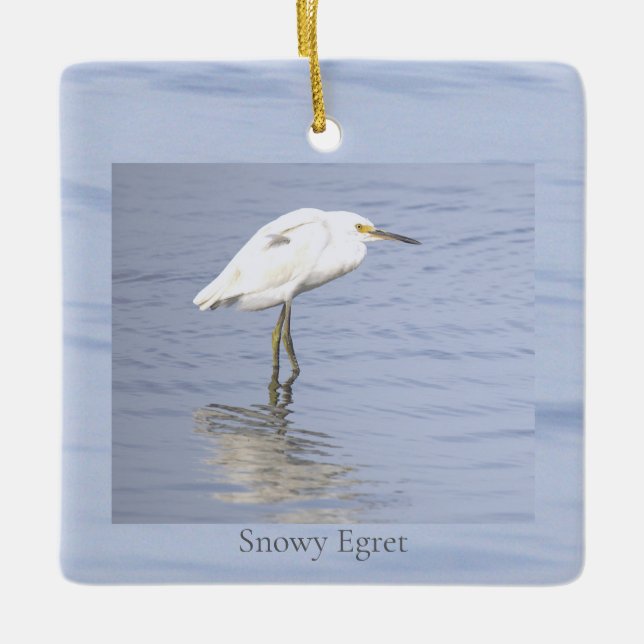 Adorno De Cerámica Snowy Egret Bird Photo Ornament  (Anverso)