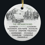 Adorno De Cerámica Snowy Mountain Winter Log Cabin X13<br><div class="desc">Cabina Snowy Mountain Winter Log para Trece (13) Nombres Una bella escena montañosa, cautivadora, en invierno, nevada con una cabaña de madera crea un ambiente cálido y acogedor para las vacaciones. Es un sutil recordatorio de la paz y el amor de los Navidades. Este diseño es excelente para todas las...</div>