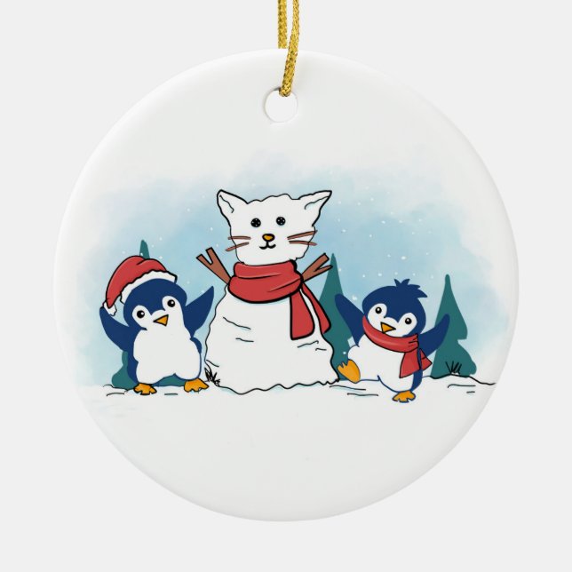 Adorno De Cerámica Snowy Penguins building a Christmas Snow Cat (Frente)