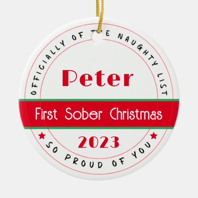 Adorno De Cerámica Sobriety Xmas Gift, nombre personalizado (Frente)