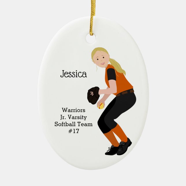 Adorno De Cerámica Softball Mujeres rubias negras y Naranjas (Frente)