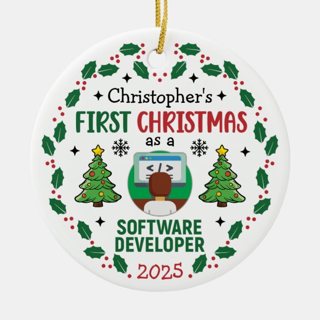Adorno De Cerámica Software Developer First Christmas Custom Name (Frente)