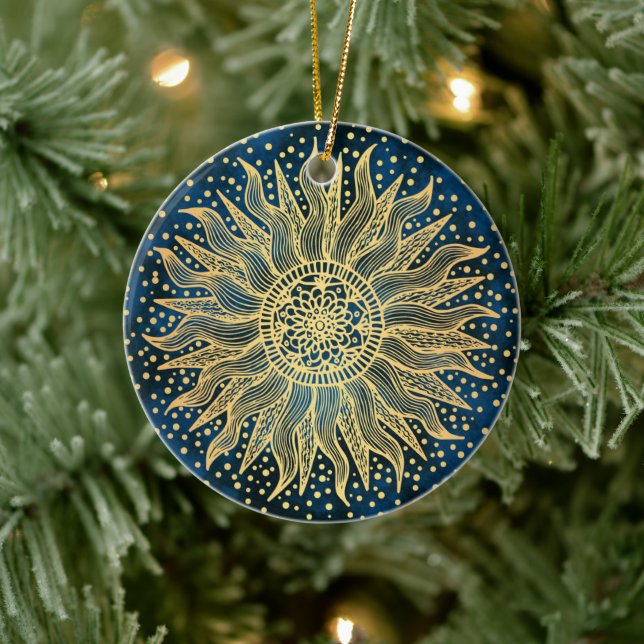 Adorno De Cerámica Sol celeste Mandala Blue Gold Confetti (Árbol)