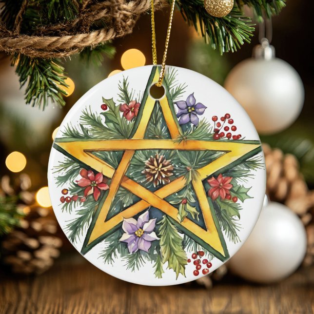 Adorno De Cerámica Solsticio de invierno de Yule Tree Greenery Wicca  (Yule Tree Winter Solstice Greenery Wicca Pentacle Ceramic Ornament)