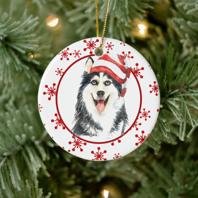 Adorno De Cerámica Sombrero de nieve rojo Husky Santa Hat (Árbol)