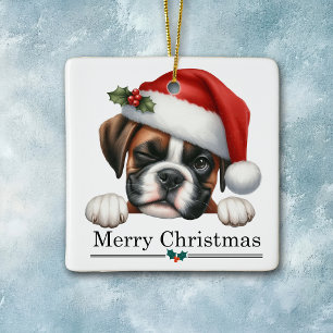 Adorno De Cerámica Sombrero de Santa Boxeador Perro Cachorro Navidad