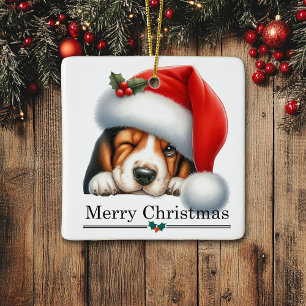 Adorno De Cerámica Sombrero de Santa Claus guiñando Basset Hound Cach