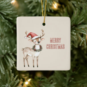 Adorno De Cerámica Sombrero de Santa de Navidad Ciervo