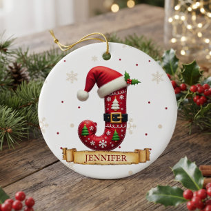 Adorno De Cerámica Sombrero de Santa Rojo Navidad Letra J Nombre