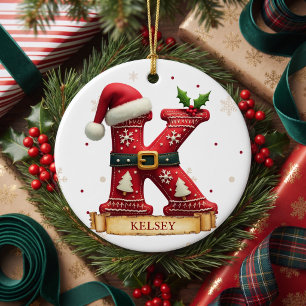 Adorno De Cerámica Sombrero de Santa Rojo Navidad Letra K Nombre