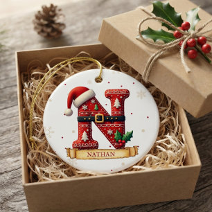 Adorno De Cerámica Sombrero de Santa Rojo Navidad Letra N Nombre
