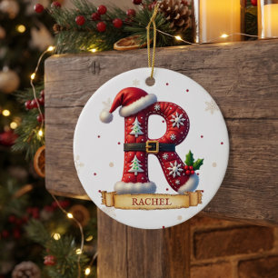 Adorno De Cerámica Sombrero de Santa Rojo Navidad Letra R Nombre