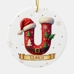 Adorno De Cerámica Sombrero de Santa Rojo Navidad Letra U Nombre