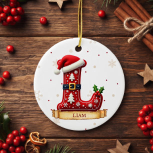 Adorno De Cerámica Sombrero de Santa Rojo Nombre Letra L Navidad