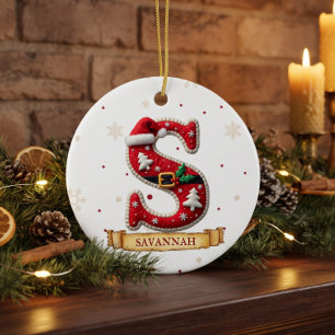 Adorno De Cerámica Sombrero de Santa Rojo Nombre Letra S Navidad