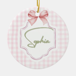 Adorno De Cerámica Sophia Personalizada Pink Bow & Gingham Print