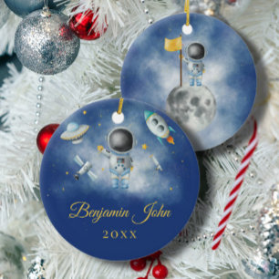 Adorno De Cerámica Space Boy Gold Galaxy Moon Stars cohete OVNI Thing