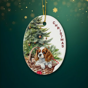 Adorno De Cerámica Spaniel Cachorro Cesta de Mimbre Navidad