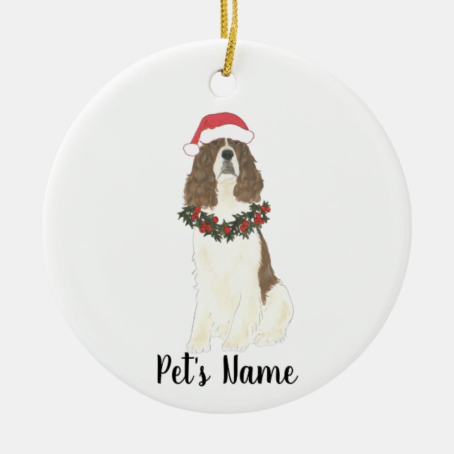 Adorno De Cerámica Spaniel inglés de Navidad de hígado y blanco (Frente)