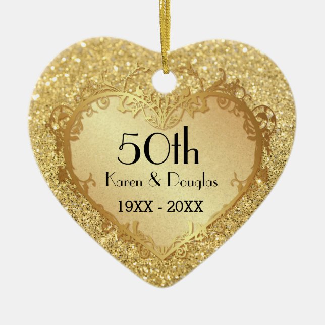 Adorno De Cerámica Sparkle Gold Heart 50° Aniversario del Boda (Frente)
