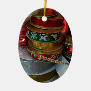 Adorno De Cerámica Spool de Navidades Cinta vacaciones Rojo y Oro