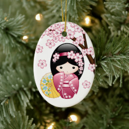 Adorno De Cerámica Spring Kokeshi Doll - Cute Japanese Geisha White