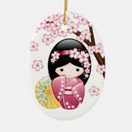 Adorno De Cerámica Spring Kokeshi Doll - Cute Japanese Geisha White