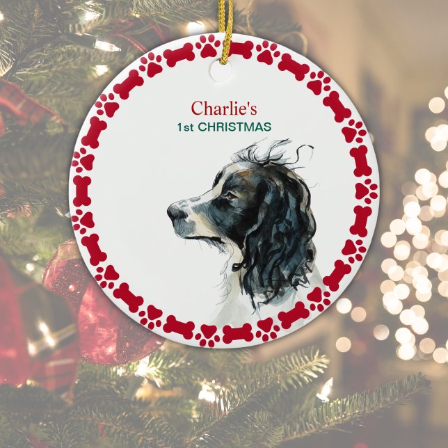 Adorno De Cerámica Springer Spaniel 1er Navidades personalizados (Edit to add dog's name on front and year on reverse.  1st Christmas can be changed/ deleted)
