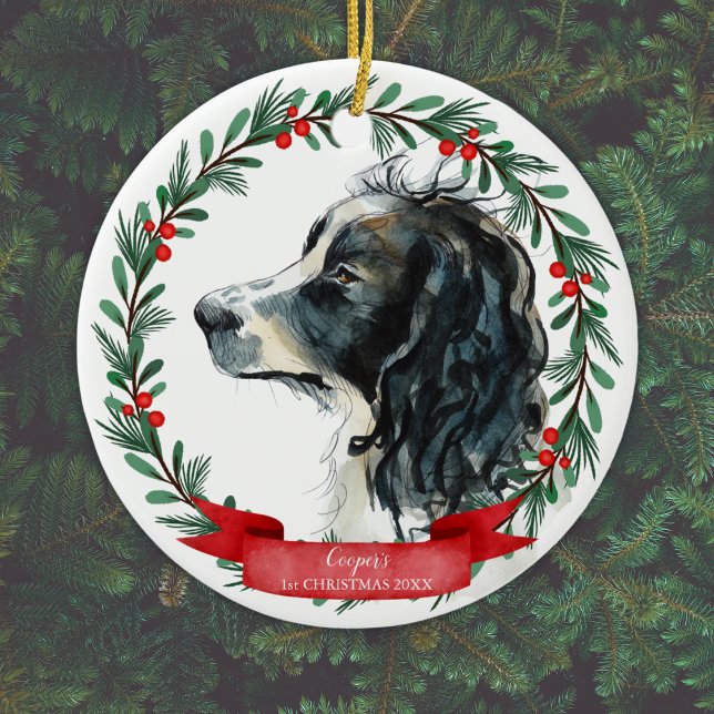 Adorno De Cerámica Springer Spaniel primera Wreath acuarela navideña (Personalize by adding Dog's name & Year, or add different text, or delete if not required.)