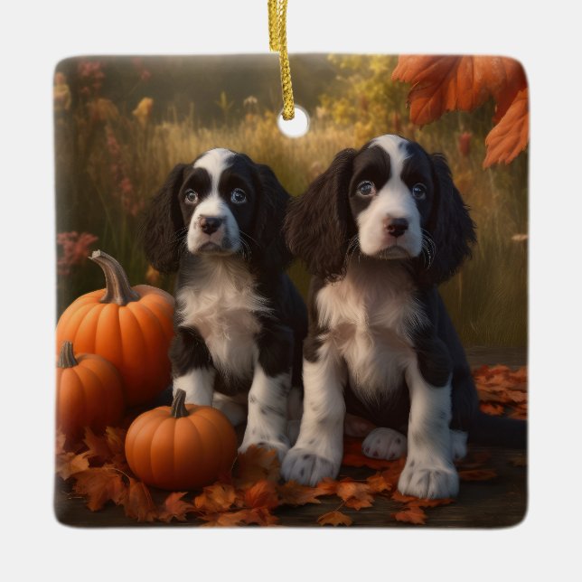 Adorno De Cerámica Springer Spaniel Puppy Autumn Delight Pumpkin (Anverso)
