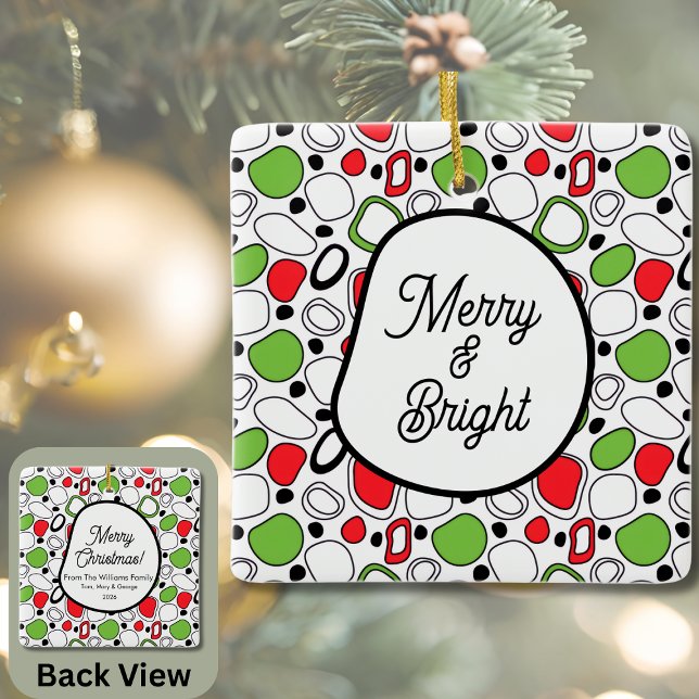 Adorno De Cerámica Square Holiday Ceramic Ornament – Personalize Text (Personalized Holiday Ornament - Message on Front With Greeting, Family Name, and Year on Back)