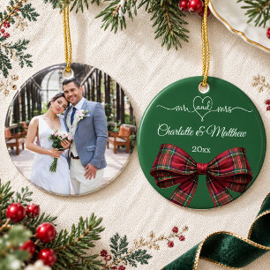 Adorno De Cerámica Sr Sra Navidad verde borgoña tartán lazo foto