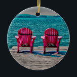 Adorno De Cerámica Sr. Sra. Verde azulada Beach Adirondack Presidente<br><div class="desc">El Sr. y la Sra. boda Adirondack están en un muelle de madera que da al lago. Moderna,  de moda,  moderna,  de playa,  rústica casa de campo. Regalo rosado,  verde azulado,  turquesa recién casado. Derechos de imagen de Marg Seregelyi Photography.</div>