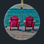 Adorno De Cerámica Sr. Sra. Verde azulada Beach Adirondack Presidente<br><div class="desc">El Sr. y la Sra. boda Adirondack están en un muelle de madera que da al lago. Moderna,  de moda,  moderna,  de playa,  rústica casa de campo. Regalo rosado,  verde azulado,  turquesa recién casado. Derechos de imagen de Marg Seregelyi Photography.</div>