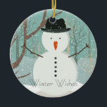 Adorno De Cerámica Sr. Winter Desea Que Snowman Ornament Round<br><div class="desc">¡Que nieve! ¡Que nieve! ¡Que nieve! Al Sr. Snowman con sombrero de punta y nariz de zanahoria le encanta la nieve. fondo azul bonito y siluetas de árboles marrones. Bonita imagen de invierno. Personalice cambiando el texto. Mr Winter Snowman, imagen vectorial extendida licencia de Fotolia.com - © grgroup - Fotolia.com....</div>