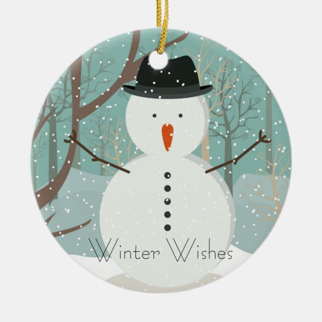 Adorno De Cerámica Sr. Winter Desea Que Snowman Ornament Round (Frente)