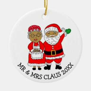 Adorno De Cerámica Sr. y Sra. Claus, Santa Navidades afroamericanos
