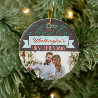 Adorno De Cerámica Sr. y Sra. First Christmas Mistletoes Photo Boda